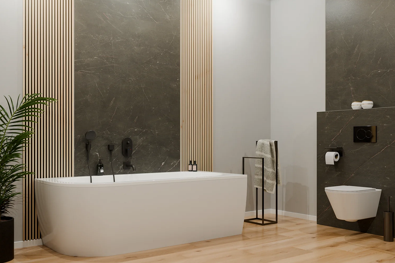 Łazienka z wanną wolnostojącą i płytami ściennymi